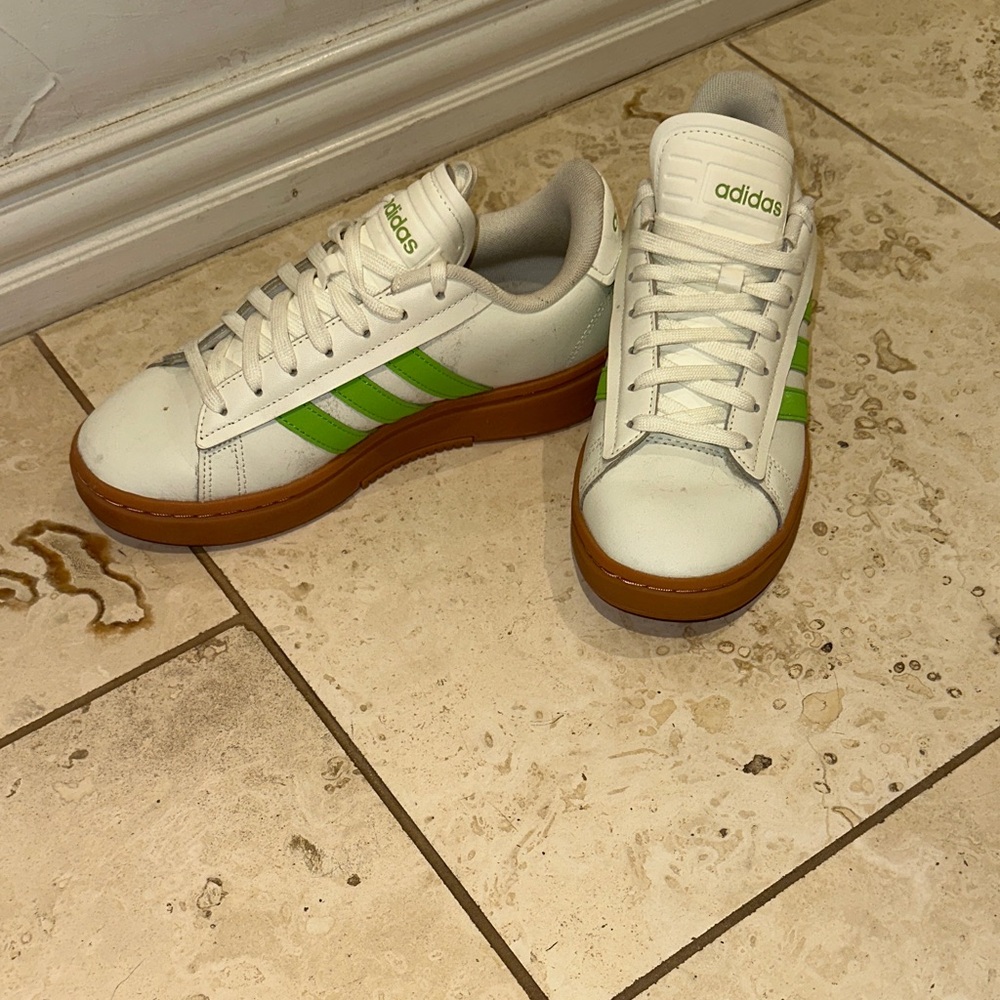 Adidas Women’s White Sneakers with Green Stripes